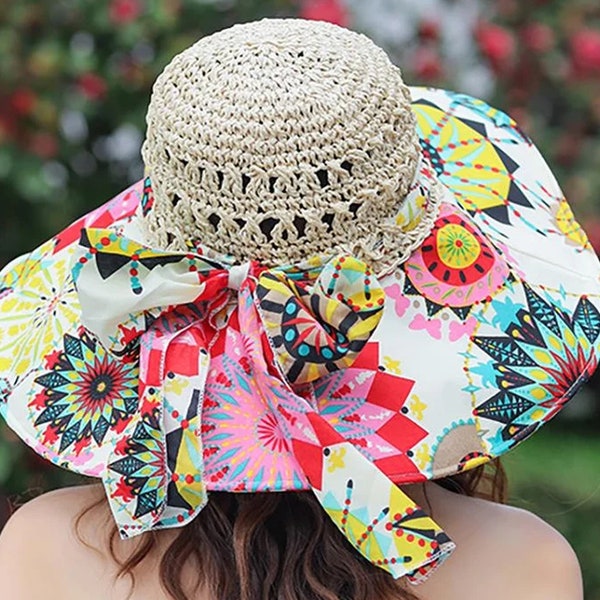 Women's Bright Floral Woven Folding Bucket Hat, Summer Hat, Sun Hat For Women, Summer Floppy Hat, Straw Sun Hat, Beach Hat, Straw hat women