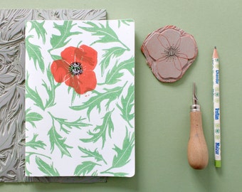 A5 poppy and leaves notebook, Linocut.