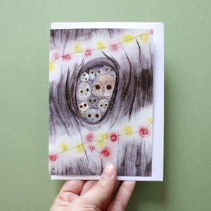 Carte de voeux double, chouettes et hiboux