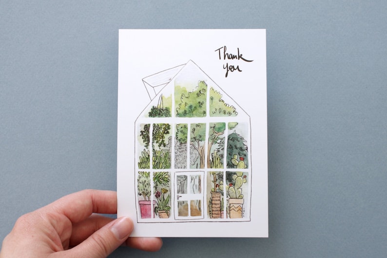 THANK YOU card Watercolor greenhouse.