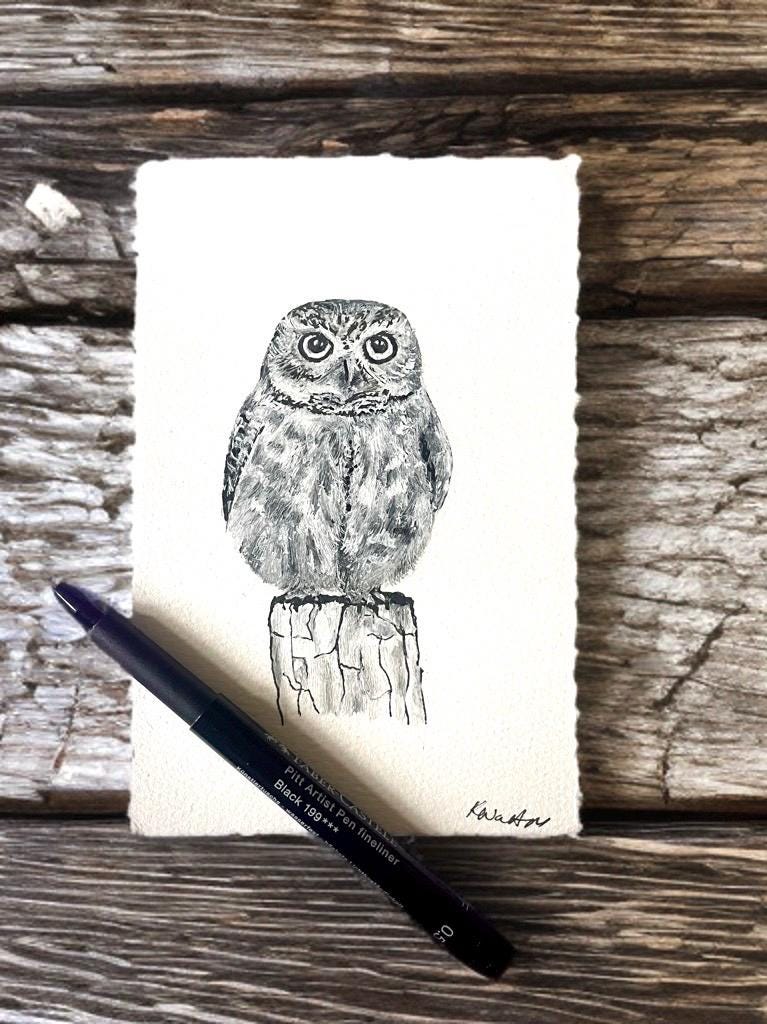 Owl Portrait, Small Original Ink Art
