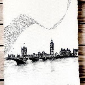 Murmuration over London #2, Original Bird Art (A5)