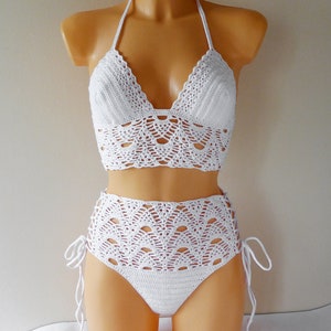 High Waist Crochet Swimsuit, Lace High Waisted Crochet Bikini Set, Lace-Up Handmade Crochet Bathing Suit, Two Piece High-Waisted Bikini