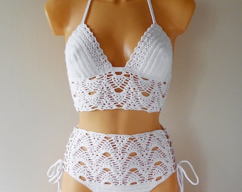 Maillot de bain taille haute au crochet, Ensemble de bikini taille haute en dentelle au crochet, Maillot de bain lacé au crochet fait main, Bikini deux pièces taille haute