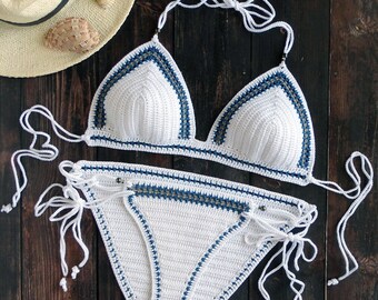 Crochet Swimsuit Beaded Crochet Bathing Suit White Crochet Bikini Full Coverage Hipster Boho Crochet Bikini Gift For Her Crochet Beachwear