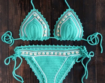 Crochet bikini set with natural shells Tourquoise crochet bathingsuit Teal Crochet Swimsuit bikini seashells