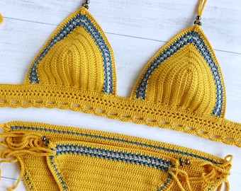 Crochet maillot de bain couverture complète Crochet Bikini ensemble en jaune, maillots de bain au Crochet faits à la main
