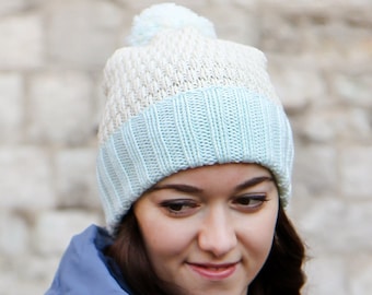 Pom-Pom Hat, Custom Colors Knit Pom Pom Beanie, Knitted Merino Wool Hat, Two Color Hat, Winter Beanie, Winter Hat