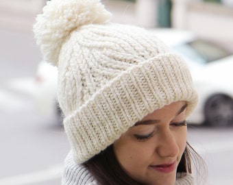 Chunky Hat, Cable Knit Pompom Beanie, Womens Hat, Winter Hat, White Big Oversized Hat With Pom Pom, Warm Chunky Knit Pom Pom Beanie