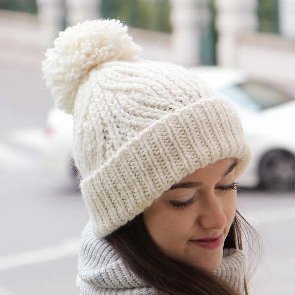 Chunky Hat, Cable Knit Pompom Beanie, Womens Hat, Winter Hat, White Big Oversized Hat With Pom Pom, Warm Chunky Knit Pom Pom Beanie