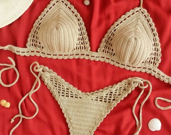Bikini au crochet blanc, ensemble bikini tanga brésilien, maillot de bain coquin au crochet, maillot de bain échancré au crochet, maillot de bain sexy, bikini au crochet
