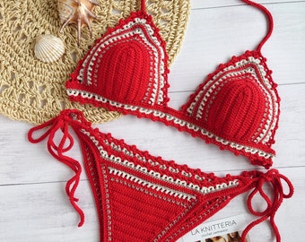 Crochet Bikini Red High Hip Brazilian Crochet Swimsuit, Cheeky Crochet Bikini Set, Crochet Swimwear