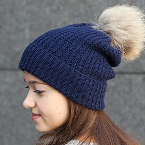 Rippstrick Damen Mütze mit Fell Bommel, Merino Wolle Damen Mützen