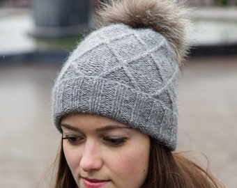 Soft alpaca wool hat with pom pom, Warm knit winter beanie for women