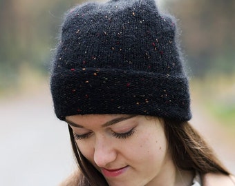 Soft Fluffy Alpaca Wool Beanie, Hand Knitted Slouchy Black Tweed Hat Knit Beanie For Women or Teens fall autumn winter fashion accessories