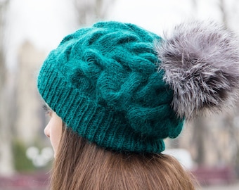 Knit Hat With Pom Pom Emerald Green Petrol - Fur Pom Beanie - Teal Pompom Beanie - Woolly Oversized Hat