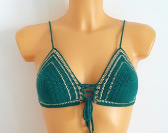 Crochet Bikini Top With Gold Thread, Emerald Green Crochet Bra, Adjustable Triangle Tie Festival Bralette