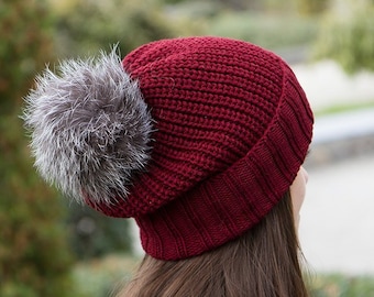 Knit Beanie With Fur Pompom - Burgundy Merino Wool Knitted Hat - Fur Bobble Hat - Oxblood Beanie With Pom Pom - Slouchy Pom Pom Hat