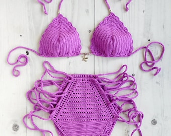 Crochet High Waist Bikini frecher brasilianischer Stil mit Perlen, Crochet Damen Bademode, Crochet Bikini-Set mit hoher Taille und hoher Taille