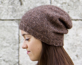 Premium Quality Knitted Slouchy Beanie Hat Woman's, Slouchy Soft Wool Hat in Twinkle Brown Melange