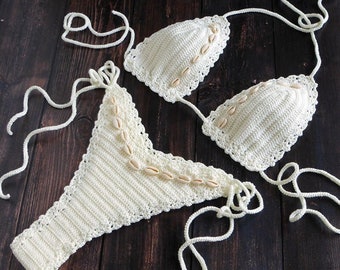 Cream Crochet Bikini With Sea Shells, Brazilian Thong Swimsuit Crochet, Crochet Swimwear, Crochet Bikini Set, Crochet String Bikini Set