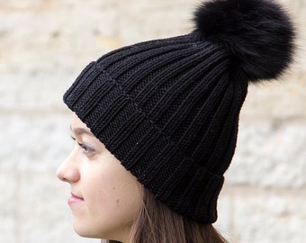 Black Pom Pom Hat, Black Knit Hat For Winter, Merino Wool Bobble Hat, Merino Beanie With Fur Pom Pom
