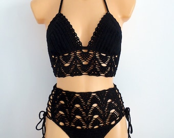 Gehäkelter Bikini mit hoher Taille, gehäkelter Spitzen-Badeanzug mit hoher Taille, handgefertigter gehäkelter Badeanzug, gehäkelter Bikini mit hoher Taille