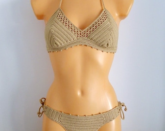 Crochet Bikini, Beige Women Swimsuit, Halter Bikini Set, Crochet Swimsuit, Crochet Set Woman