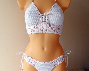 Lace Bohemian Crochet Bikini, Boho Crochet Swimsuit, Crochet Bathing Suit With Beads, Crochet Bikini Top And Bottom, Crochet Swim Suit