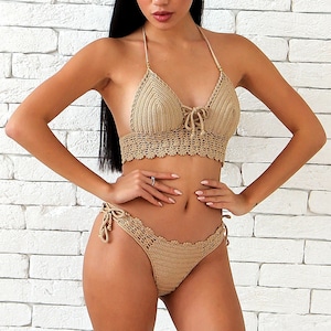 Lace Bohemian Crochet Bikini, Boho Crochet Swimsuit, Crochet Bathing Suit With Beads, Crochet Bikini Top And Bottom, Crochet Swim Suit image 2