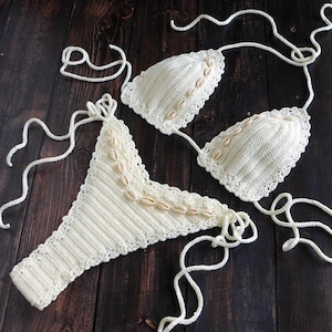 Cream Crochet Bikini With Sea Shells, Brazilian Thong Swimsuit Crochet, Crochet Swimwear, Crochet Bikini Set, Crochet String Bikini Set