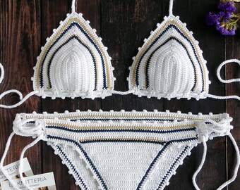 Striped Crochet Swimsuit Handmade Knitted Bikini Set Crochet Swimwear