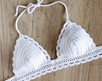 White Crochet Bikini Top - Crochet Halter Bikini Top - Crochet Bra Top - Crochet Bralette - Crochet Swimsuit - Crochet Triangle Bikini Top