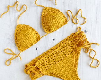 Brazilian Crochet Swimsuit in Yellow, Women Crochet Bathing Suit, Cheeky Crochet Bikini Set, Brazilian Bikini