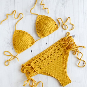 Brazilian Crochet Swimsuit in Yellow, Women Crochet Bathing Suit, Cheeky Crochet Bikini Set, Brazilian Bikini