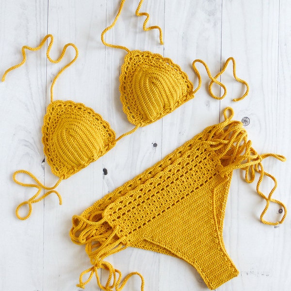 Maillot de bain au crochet brésilien jaune, maillot de bain au crochet pour femme, ensemble de bikini au crochet coquin, bikini brésilien