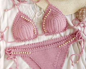 Triangle Crocheted Bikini Set With Beads, Beaded Crochet Swimsuits, Womens Cute Crochet Swimwear, Crochet Bikinis, Knitted Bikinis