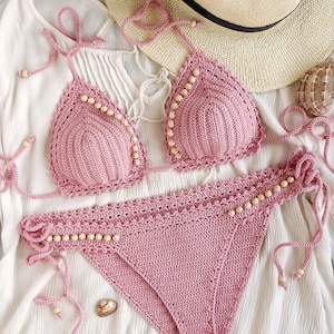 Triangle Crocheted Bikini Set With Beads, Beaded Crochet Swimsuits, Womens Cute Crochet Swimwear, Crochet Bikinis, Knitted Bikinis