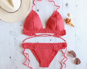 Coral Bikini Crochet - Crochet Bikini Set - Crocheted Swim Suit - Womens Swimwear - Bright Neon Bikini - Women Beachwear - Triangle Bikini