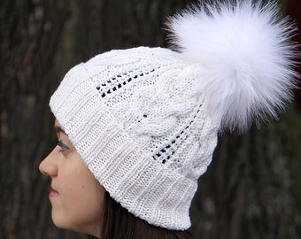 Winter Beanie With Sequins White Merino Wool Hat Cable Knit Hat With Fur Pom Pom Gift For Wife Beanie Hat For Women Paillettes Knit Hat