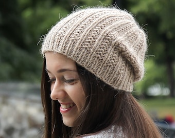 Beige Slouchy Knit Woman Beanie, Slouchy Knitted Hat