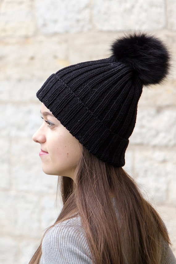 Black Pom Pom Hat, Black Knit Hat for Winter, Merino Wool  display picture 2