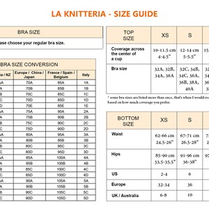 May include: A size guide from La Knitteria, featuring bra size conversions for US/UK, Australia/NZ, Europe/China/Japan, France/Spain/Belgium, and Italy. Includes top and bottom size charts with measurements in inches and centimeters, and bra size information.