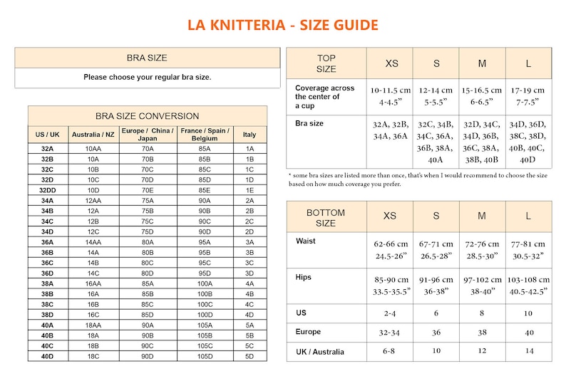 May include: A size guide from La Knitteria, featuring bra size conversions for US/UK, Australia/NZ, Europe/China/Japan, France/Spain/Belgium, and Italy. Includes top and bottom size charts with measurements in inches and centimeters, and bra size information.