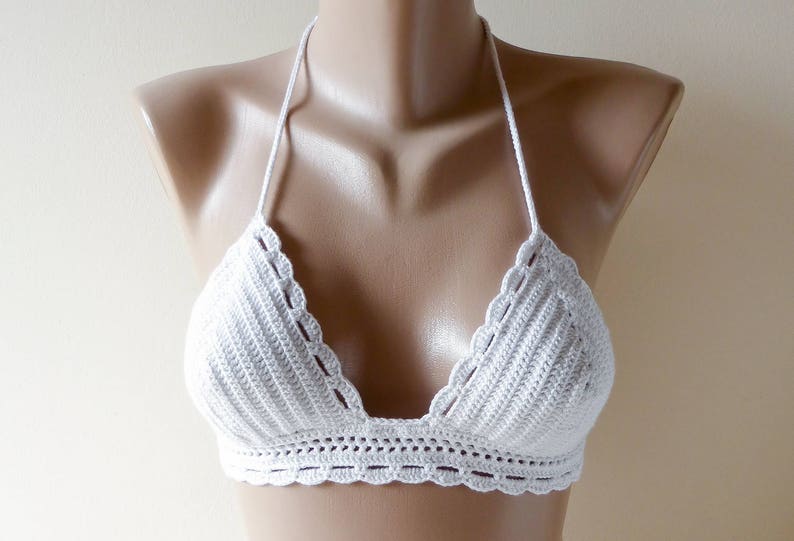 White Crochet Bikini Top Crochet Halter Bikini Top Crochet Bra Top Crochet Bralette Crochet Swimsuit Crochet Triangle Bikini Top image 3