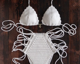 White Crochet Bikini Set Pitaya, Crochet Bathing Suit White Bikini High Waist Crochet Swimsuit Honeymoon Bikini Bridal Bikini