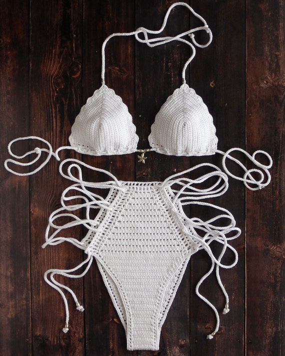 White Crochet Bikini Set Pitaya, Crochet Bathing Suit White Bikini