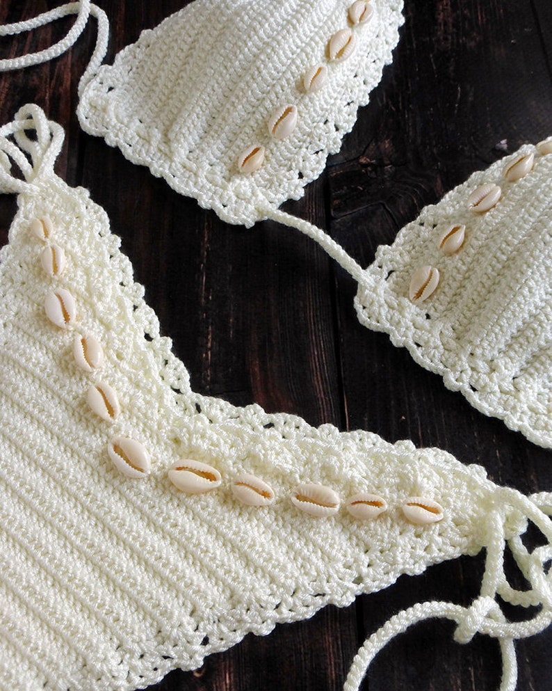 Cream Crochet Bikini With Sea Shells Brazilian Thong Swimsuit Etsy