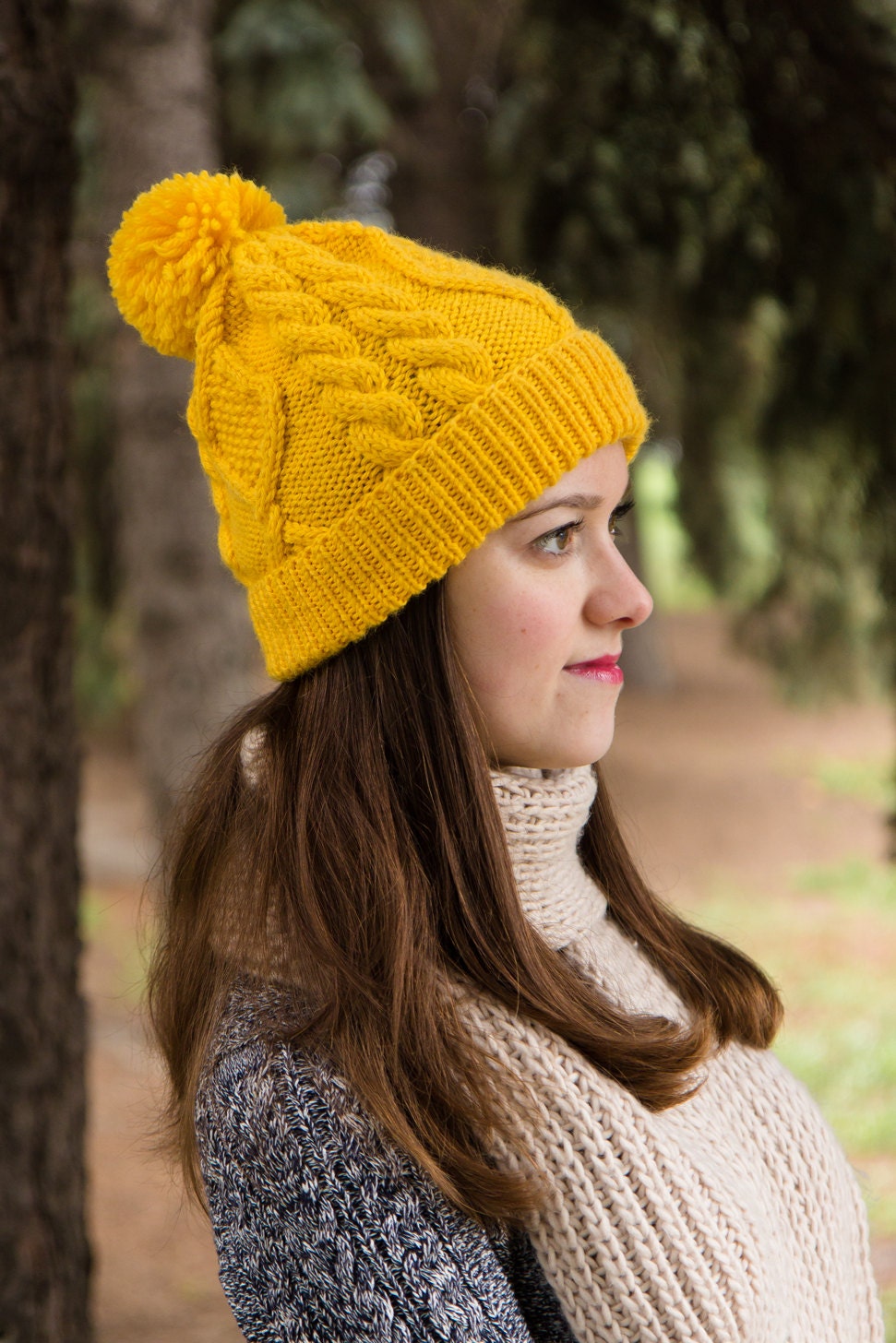 Mustard Cable Knit Hat - Winter Beanie for Women - Warm  display picture 3