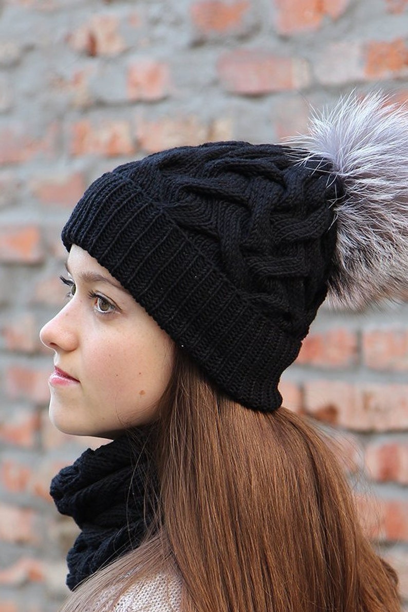 Fur Pom Pom Hat Warm Merino Wool Cable Knit Pompom Hat Black Knitted Winter Hat